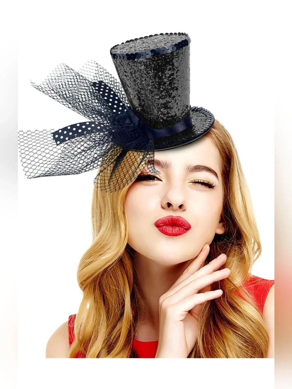 NWT Black Sequin Mini Top Hat Headband w/ Veil Music Festival Halloween Costume